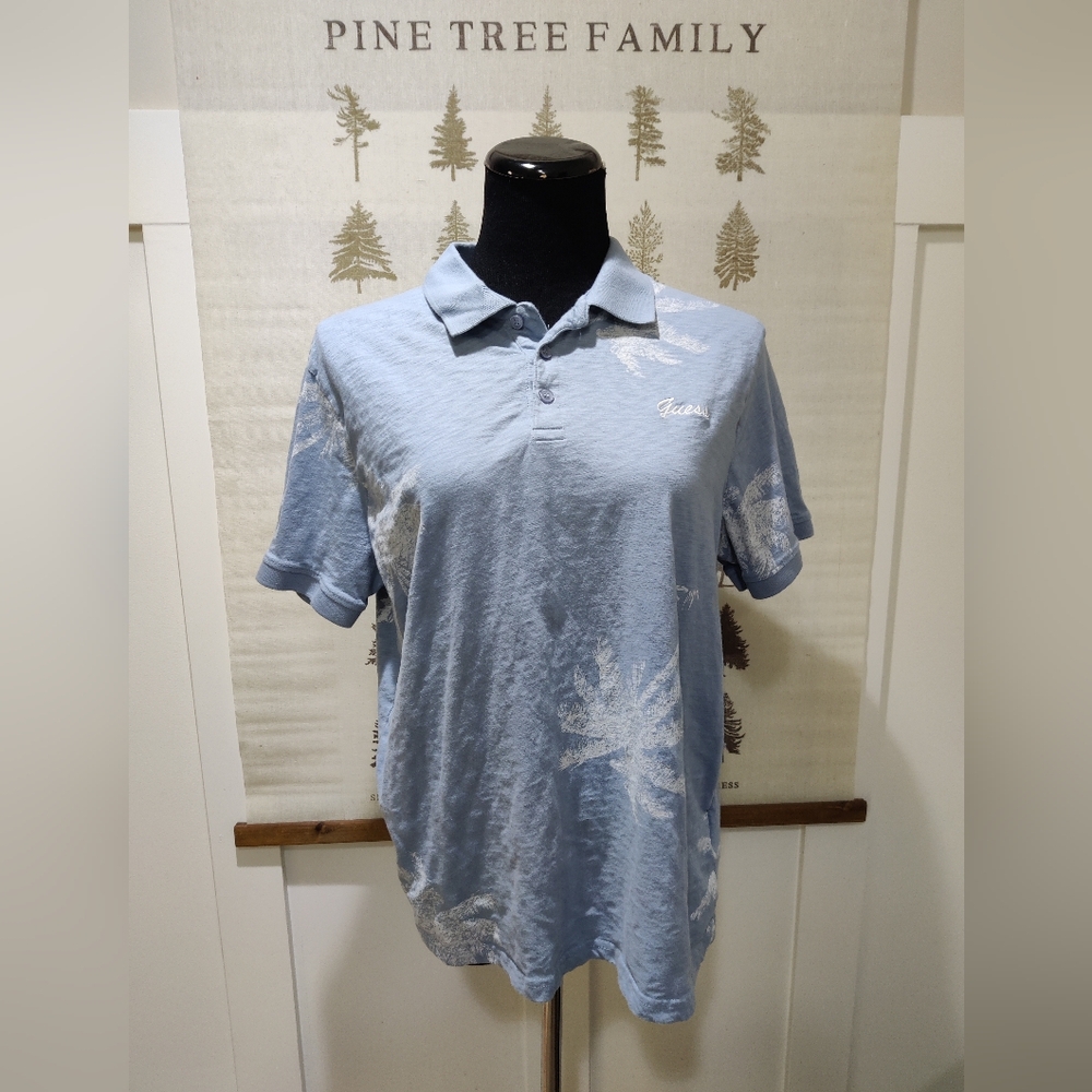 Guess Men’s Blue Palm Tree Print Polo Shirt Slub Knit Size Large Slim Fit